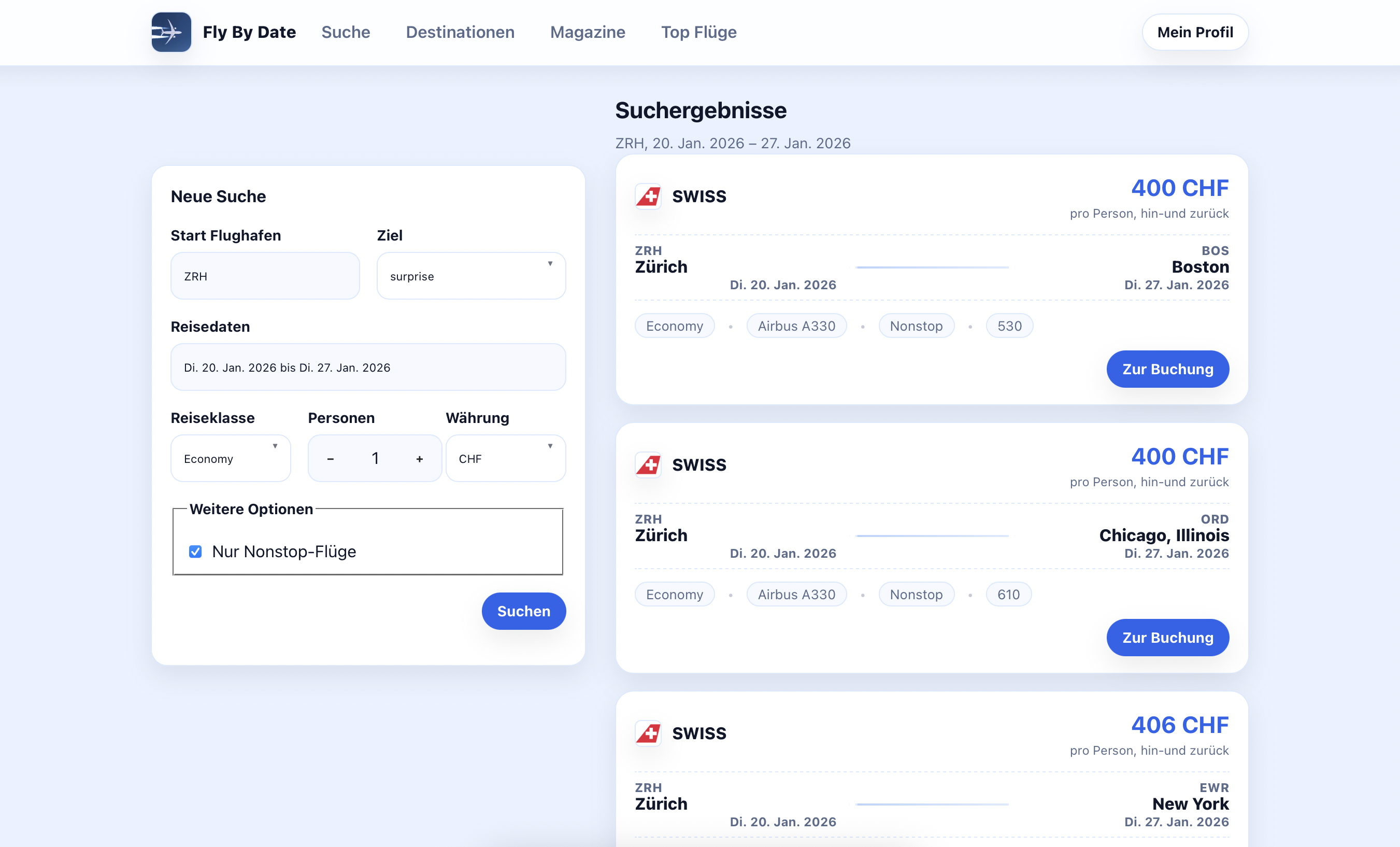 Screenshot: flybydate Landing